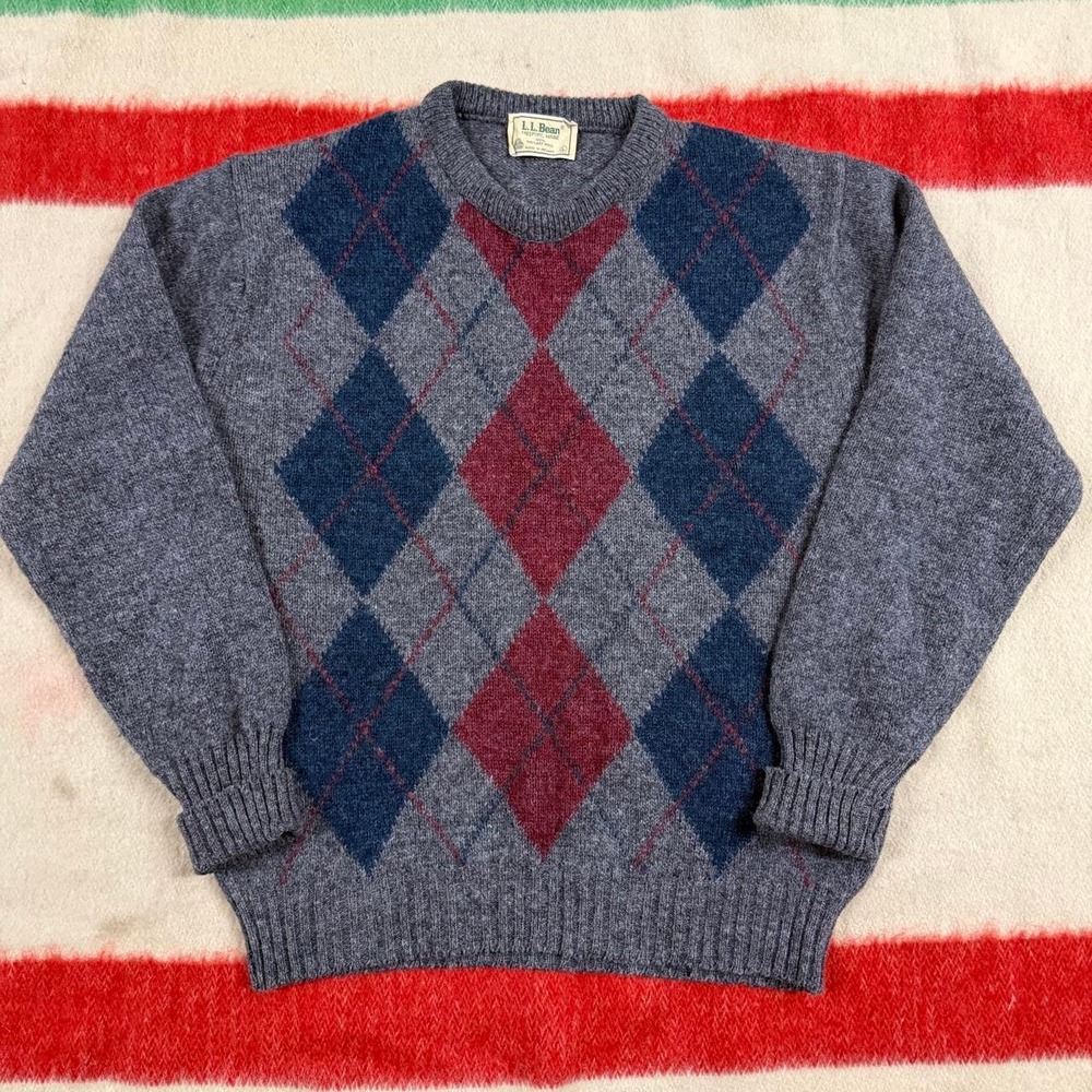 Vintage LL Bean Shetland Wool Argyle Sweater Mens L Made in Ireland LIGHT WEAR